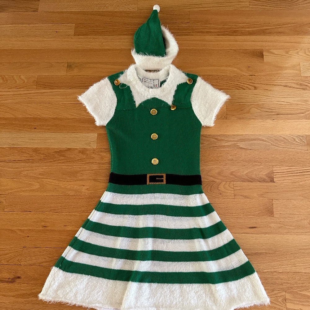 Holiday Elf Dress Sweater Dress Girls Green White Size Medium